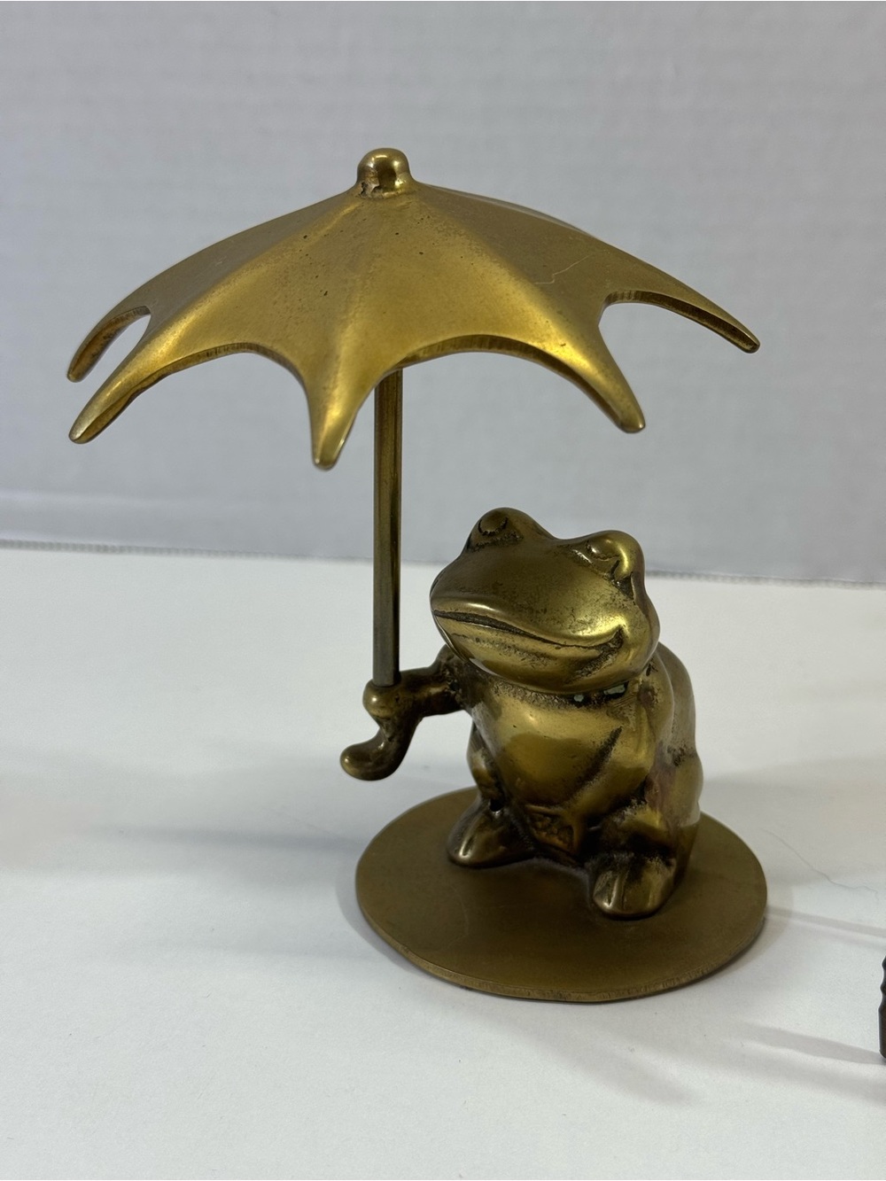 Brass Frog small 4” Figurine with Umbrella Decorative Accent